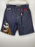 No Fear Denim Shorts Skull Rose Graphic Size 34, edgy, skater, baggy, loose