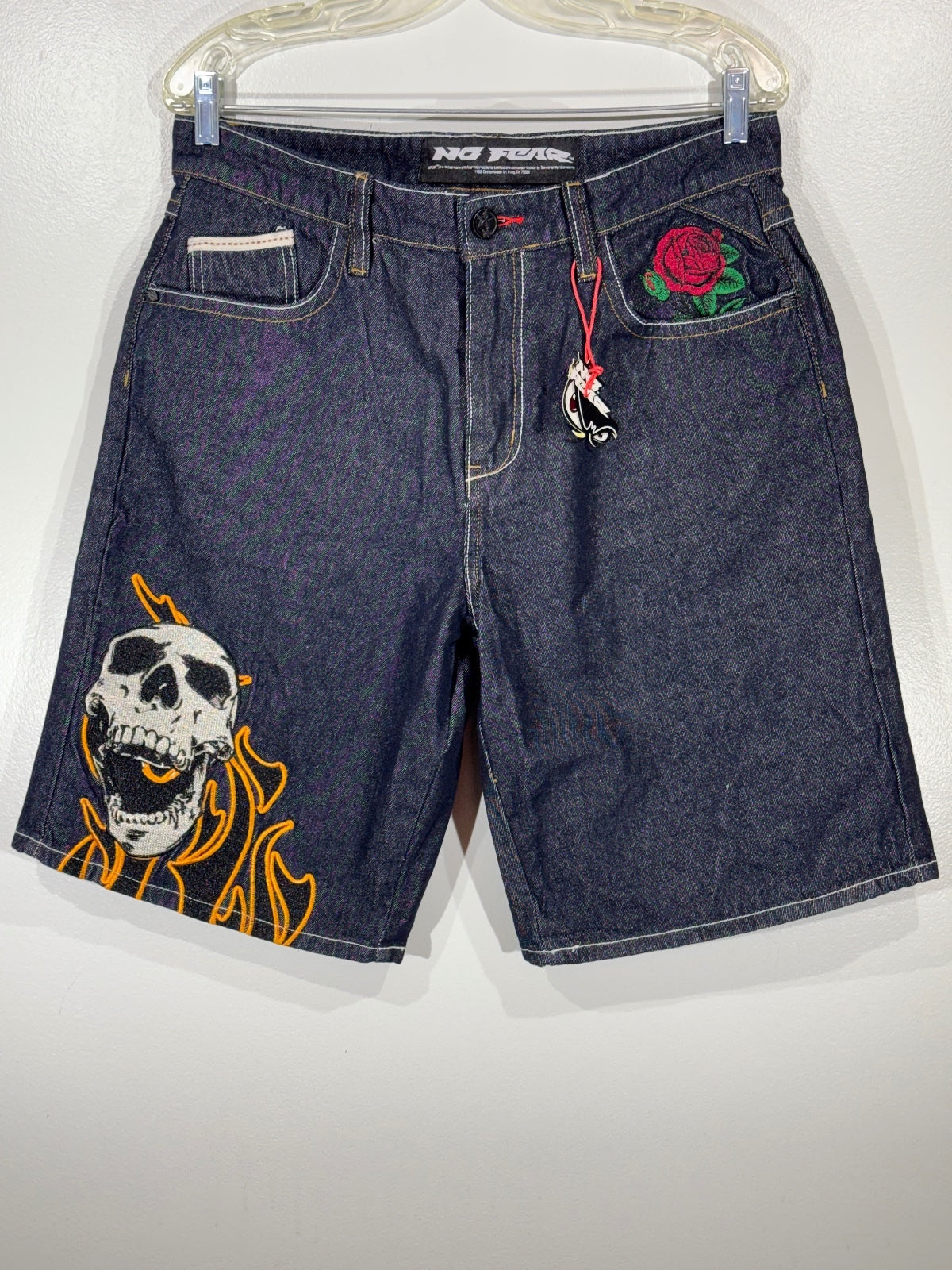 No Fear Denim Shorts Skull Rose Graphic Size 34, edgy, skater, baggy, loose