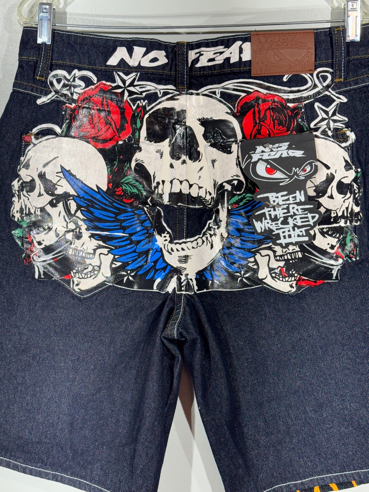 No Fear Denim Shorts Skull Rose Graphic Size 34, edgy, skater, baggy, loose