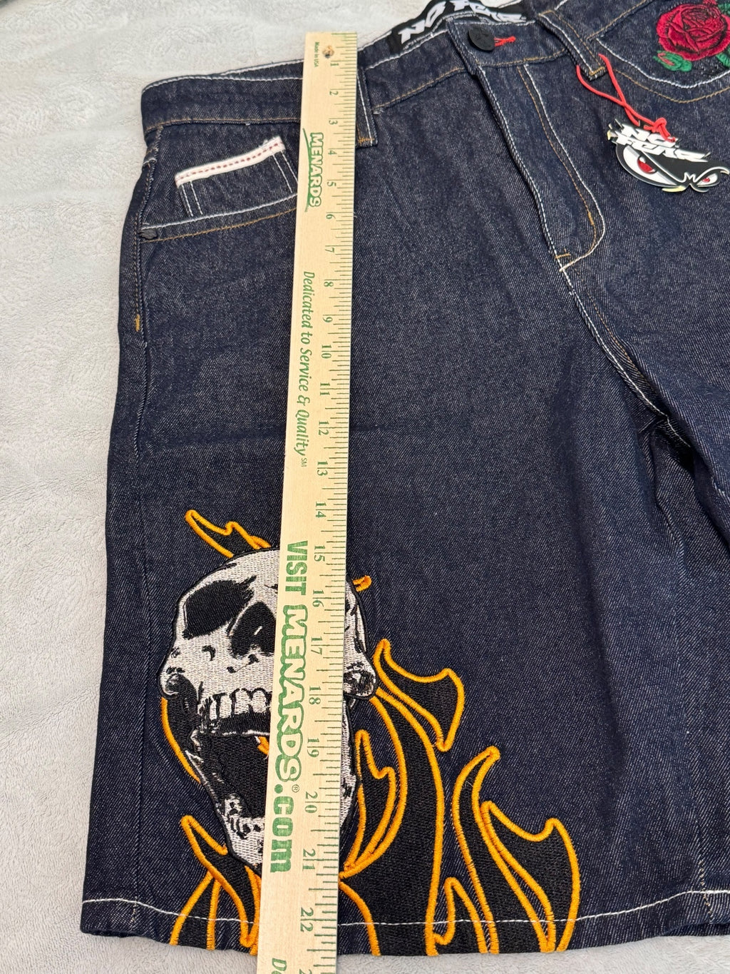 No Fear Denim Shorts Skull Rose Graphic Size 34, edgy, skater, baggy, loose