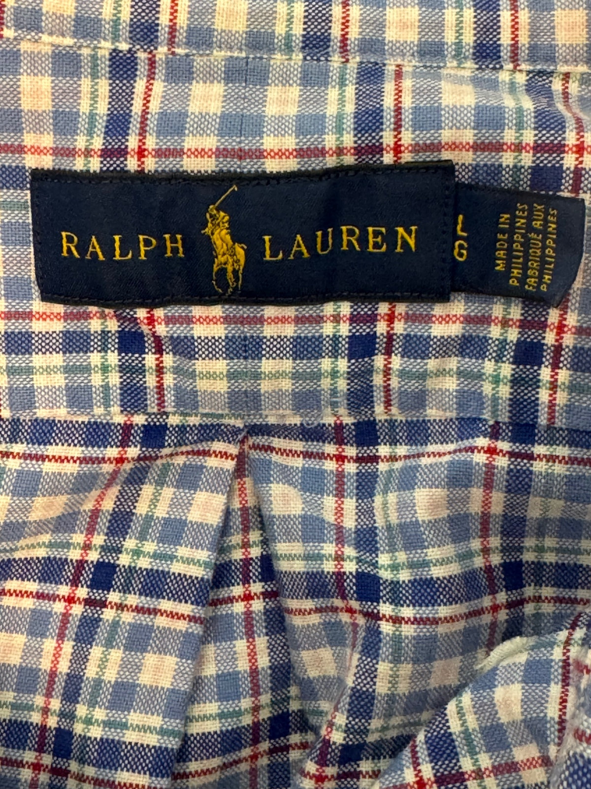 Ralf Lauren blue plaid long sleeve button front shirt size L, preppy, classic