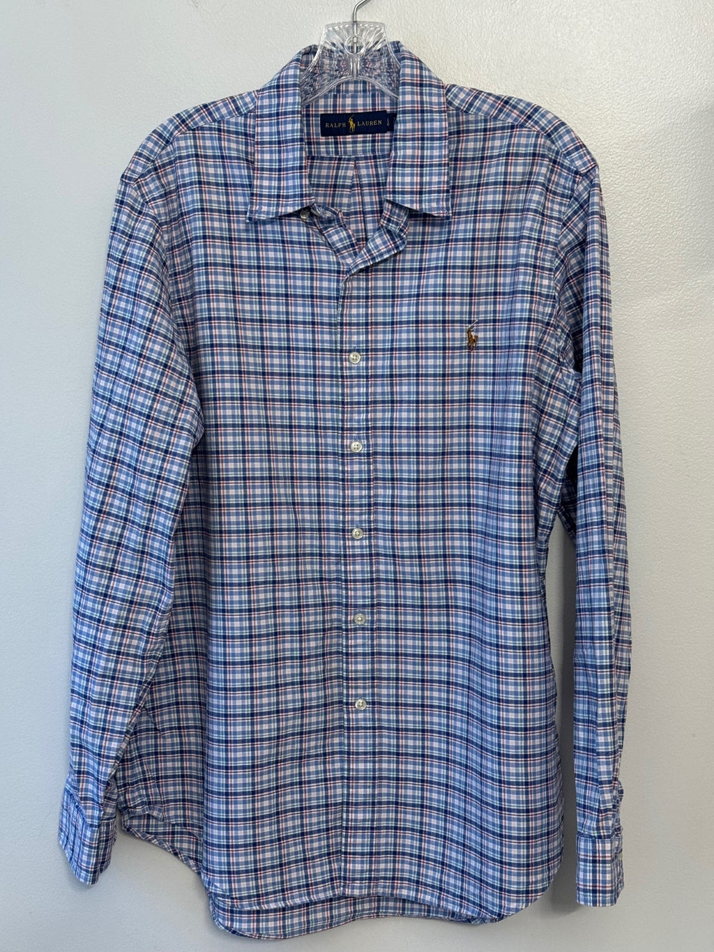 Ralf Lauren blue plaid long sleeve button front shirt size L, preppy, classic