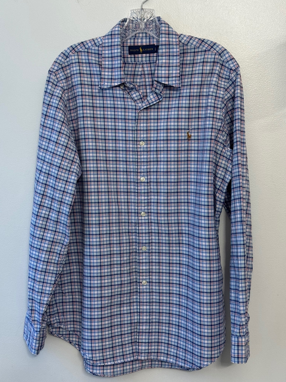 Ralf Lauren blue plaid long sleeve button front shirt size L, preppy, classic
