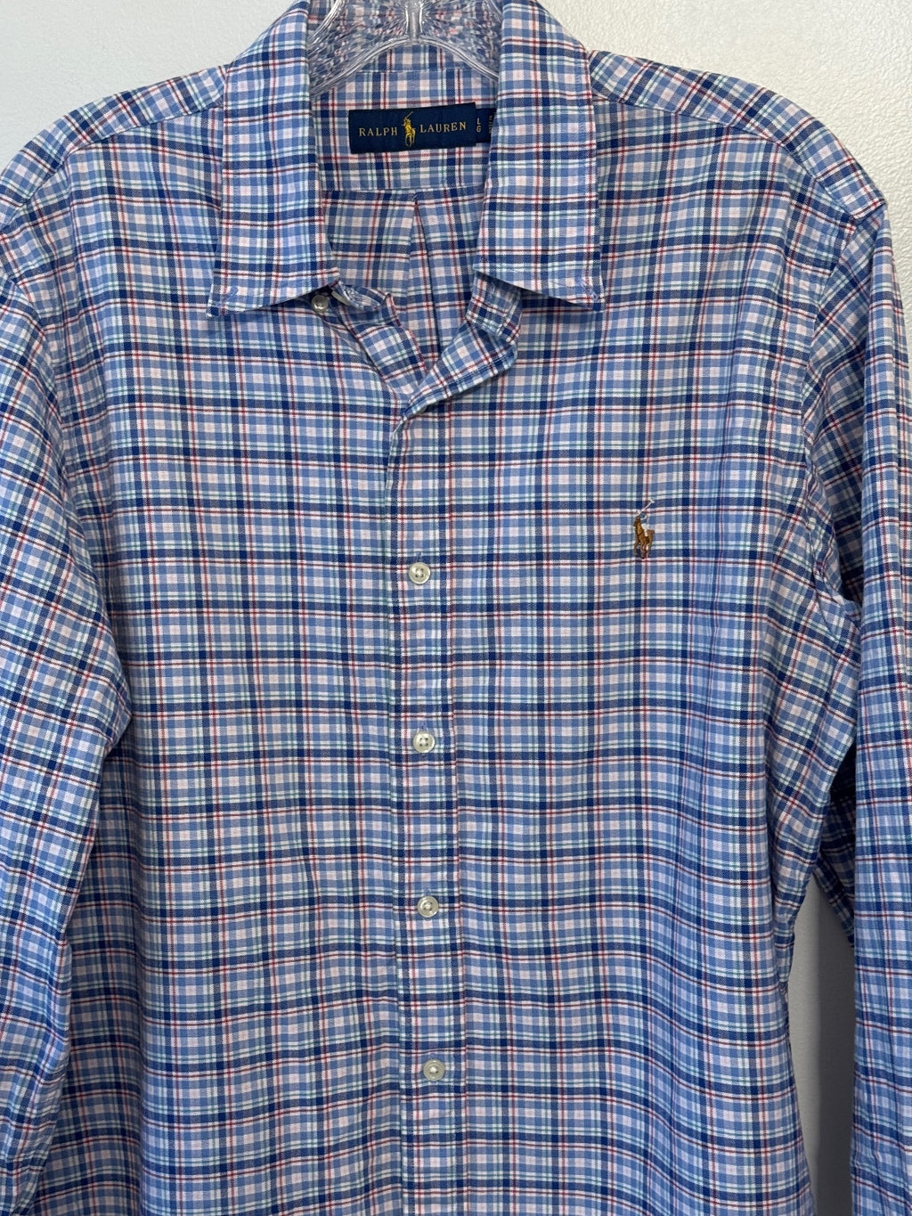 Ralf Lauren blue plaid long sleeve button front shirt size L, preppy, classic