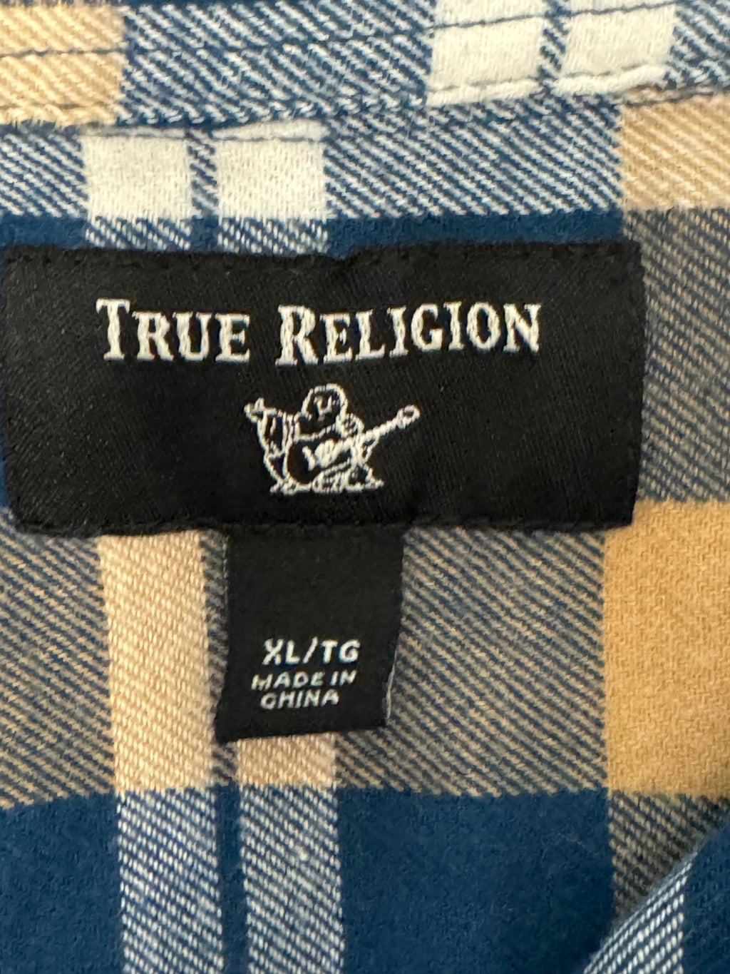 True Religion Blue Tan Flannel Horseshoe Plaid Long Sleeve Button Front Shirt XL