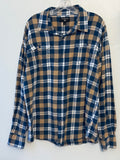 True Religion Blue Tan Flannel Horseshoe Plaid Long Sleeve Button Front Shirt XL