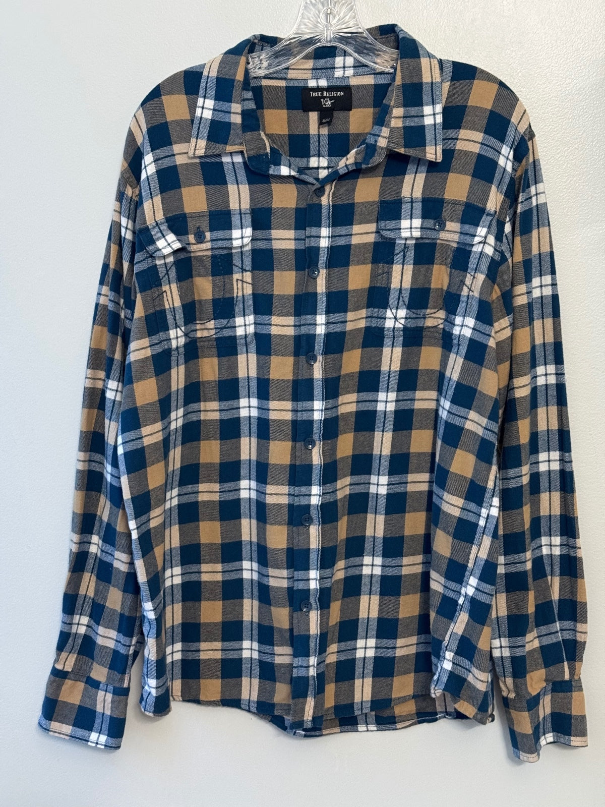 True Religion Blue Tan Flannel Horseshoe Plaid Long Sleeve Button Front Shirt XL