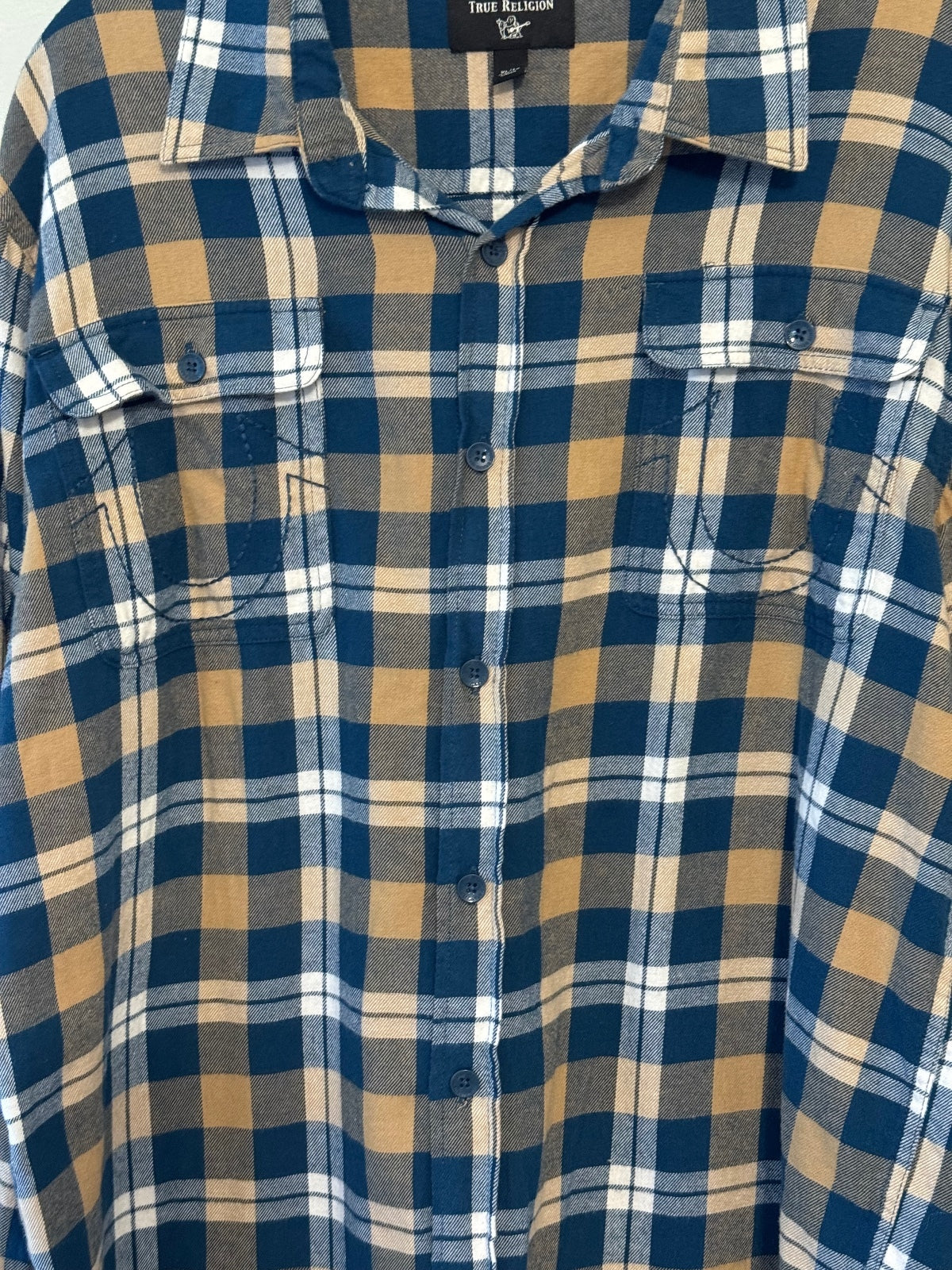 True Religion Blue Tan Flannel Horseshoe Plaid Long Sleeve Button Front Shirt XL