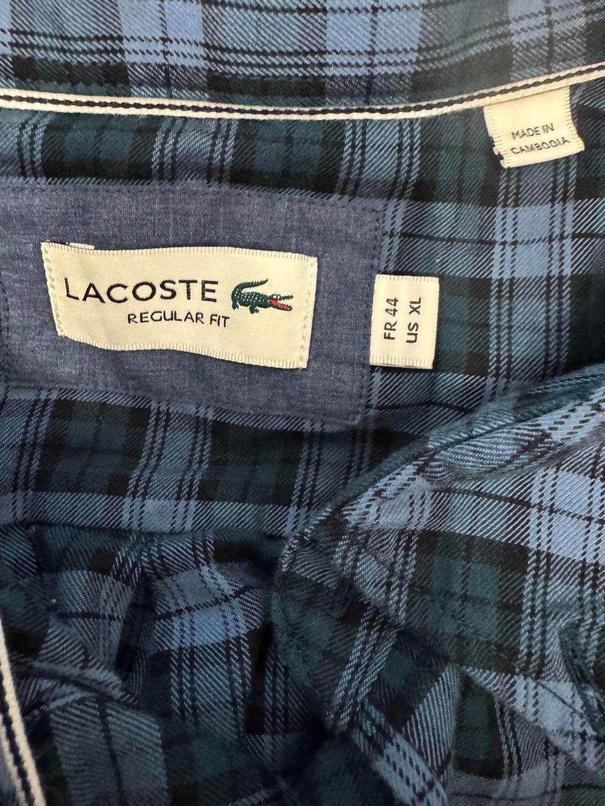 Lacoste Regular Fit Blue Plaid Long Sleeve Button Front Shirt Size XL, preppy