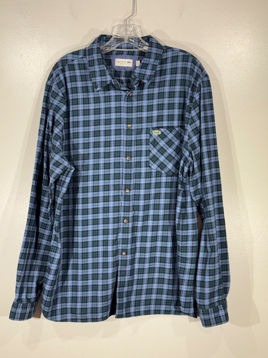 Lacoste Regular Fit Blue Plaid Long Sleeve Button Front Shirt Size XL, preppy