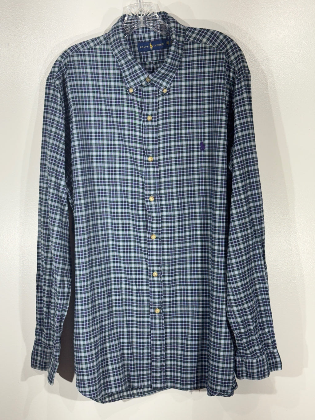 Polo Ralph Lauren blue plaid button down shirt size XXL, preppy, menswear