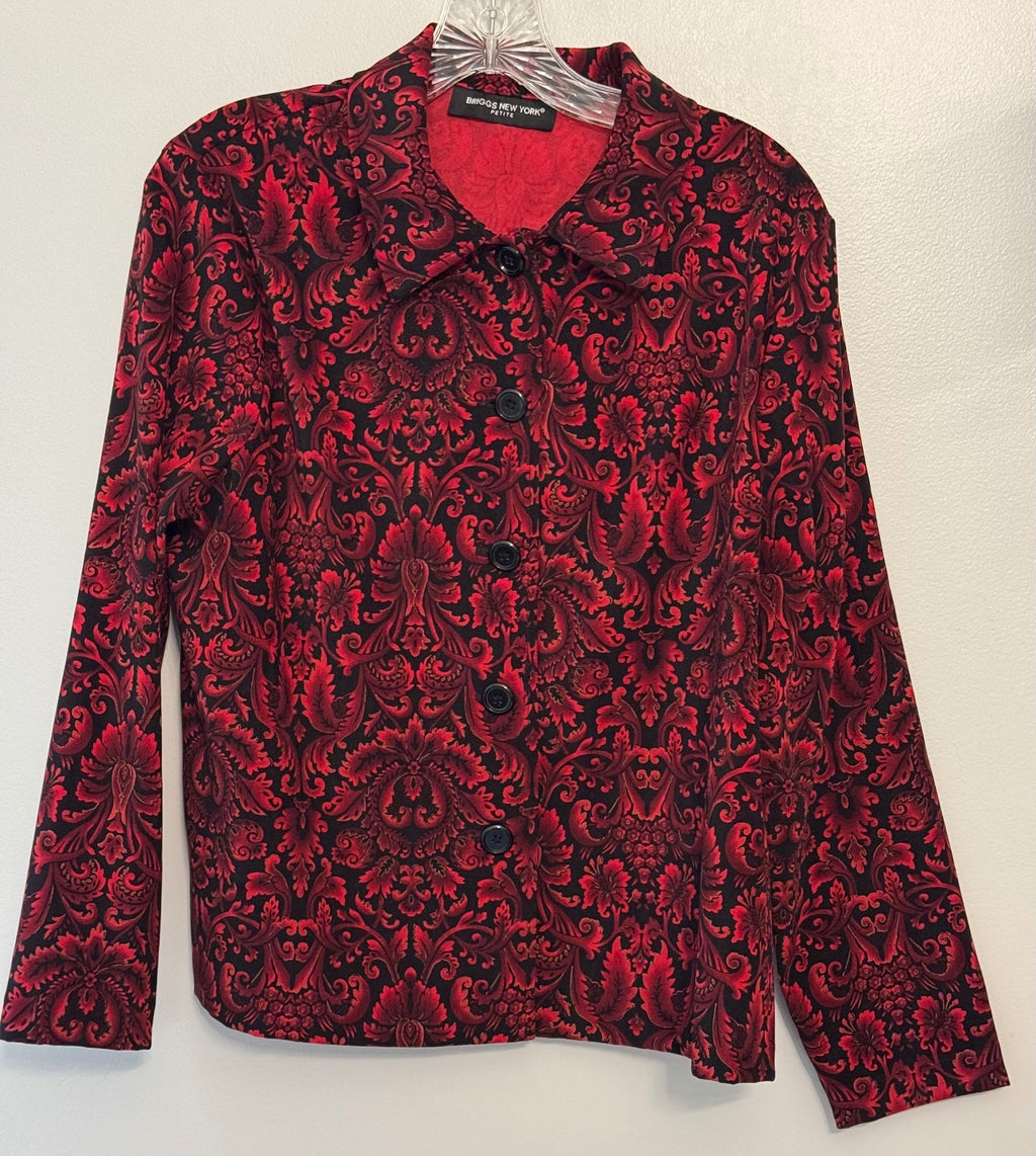 Womens red black paisley long sleeve blouse size PL, grannycore, flowercore,