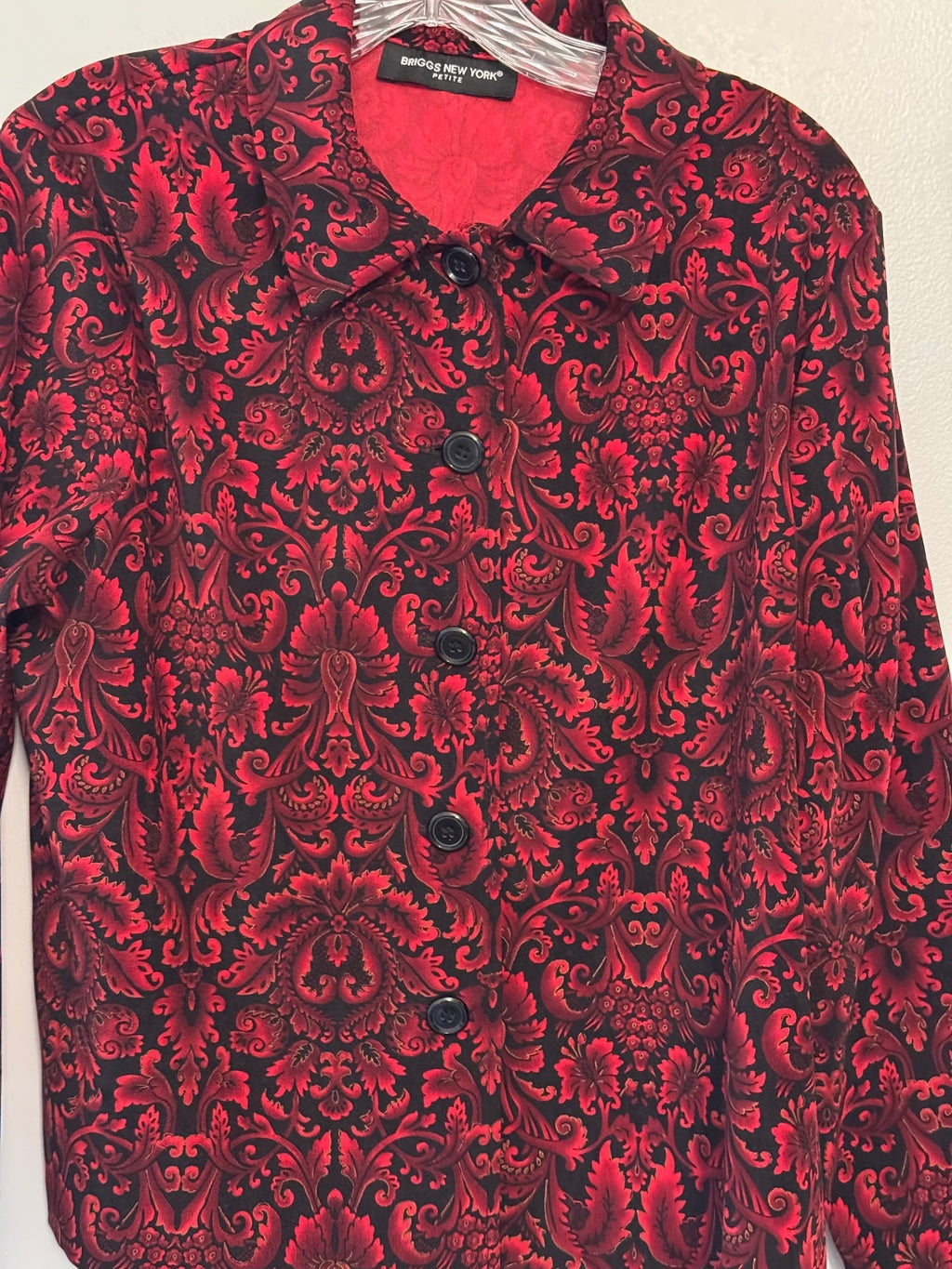 Womens red black paisley long sleeve blouse size PL, grannycore, flowercore,