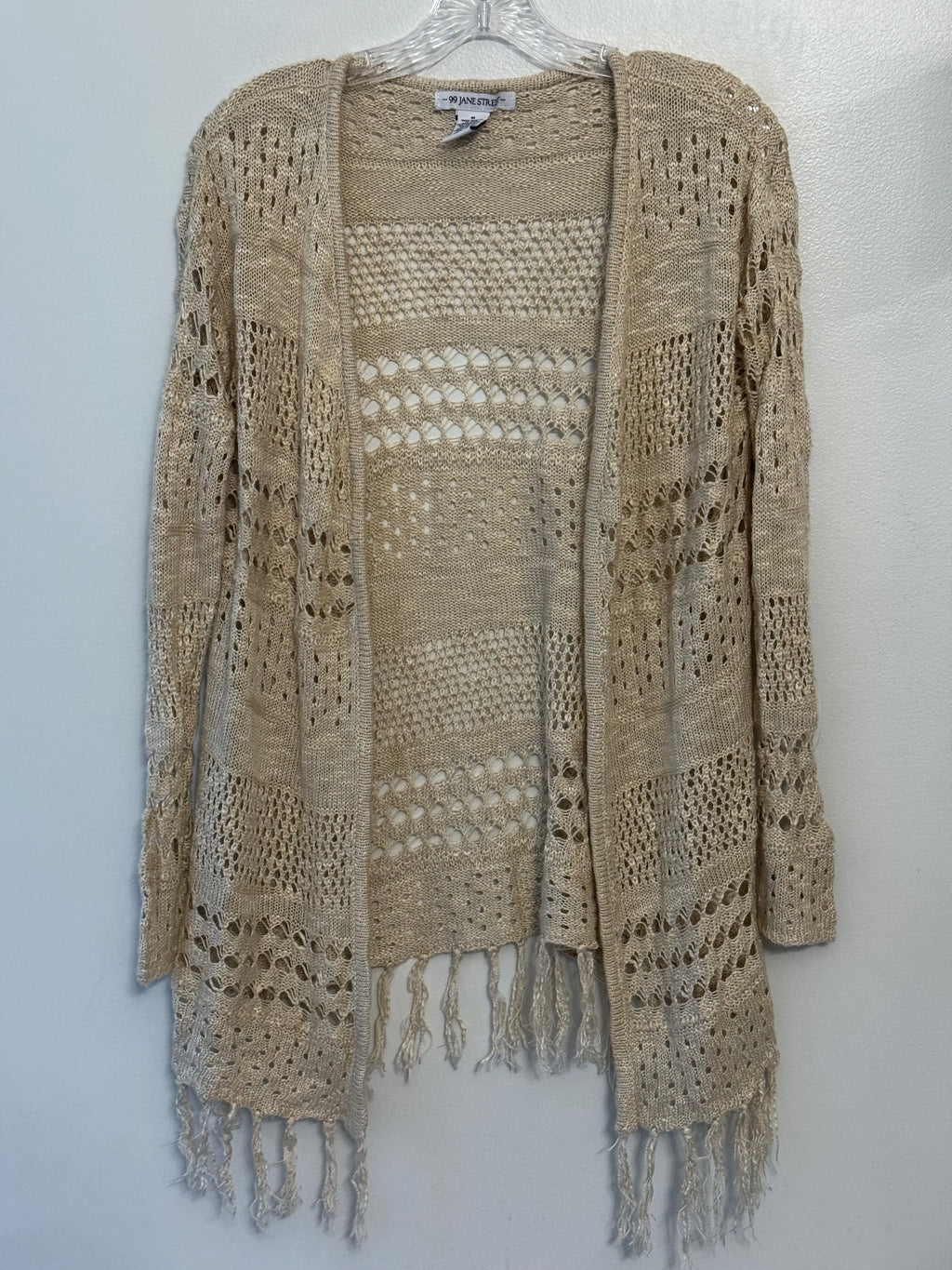 99 Jane Street Beige Open Knit Fringe Cardigan Size M, boho, bohochic, earthy