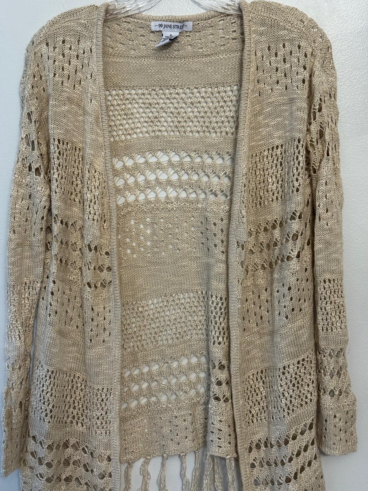 99 Jane Street Beige Open Knit Fringe Cardigan Size M, boho, bohochic, earthy