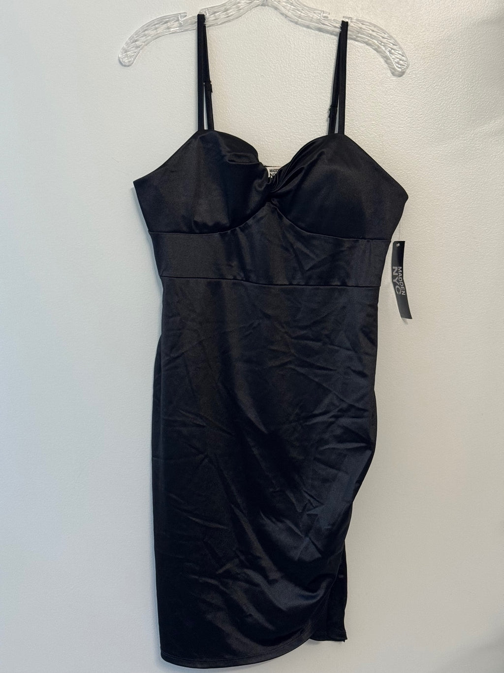 Madden NYC Juniors XL 15-17 Black Satin Twist Front Bodycon Dress coquette