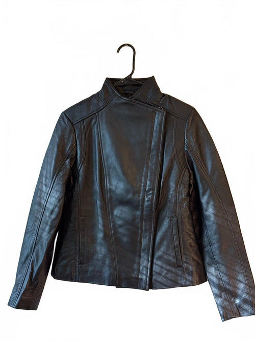 Black Leather Women's Jacket with Asymmetric Zipper