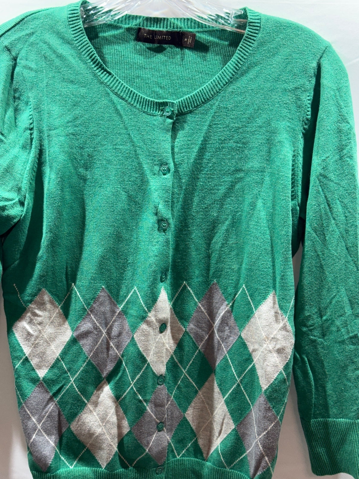 The Limited Women’s M Green Argyle Cardigan Sweater Cotton Blend Preppy