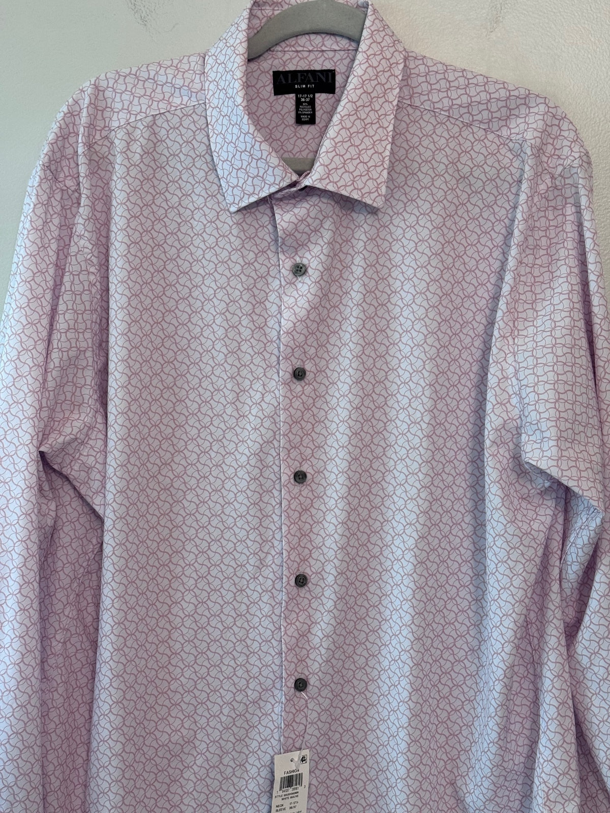 Alfani Slim Fit White Mauve Patterned Dress Shirt 17-17 1/2 Neck 36-37 Sleeve
