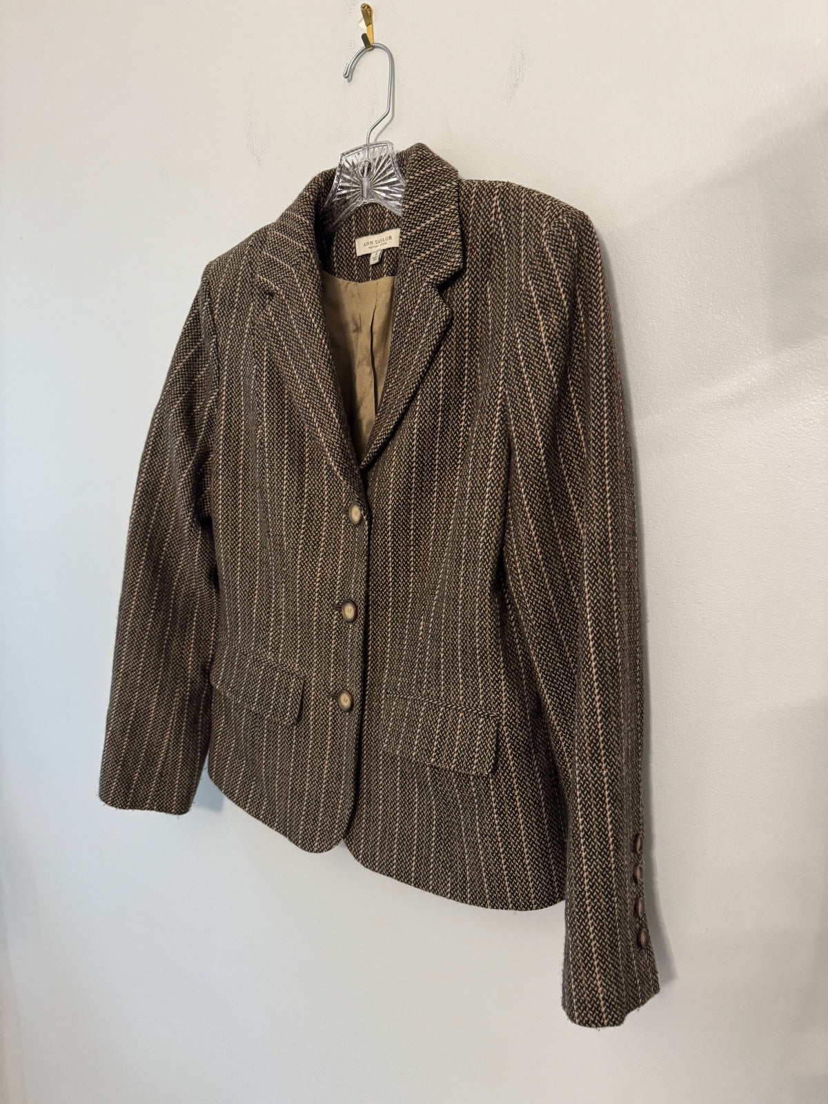 Ann Taylor Factory Women’s Size 6 Brown  Striped Tweed Blazer, Academia