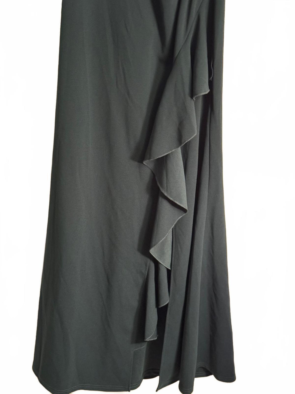 Elegant Sleeveless Dark Green Maxi Dress with Ruffle Detail