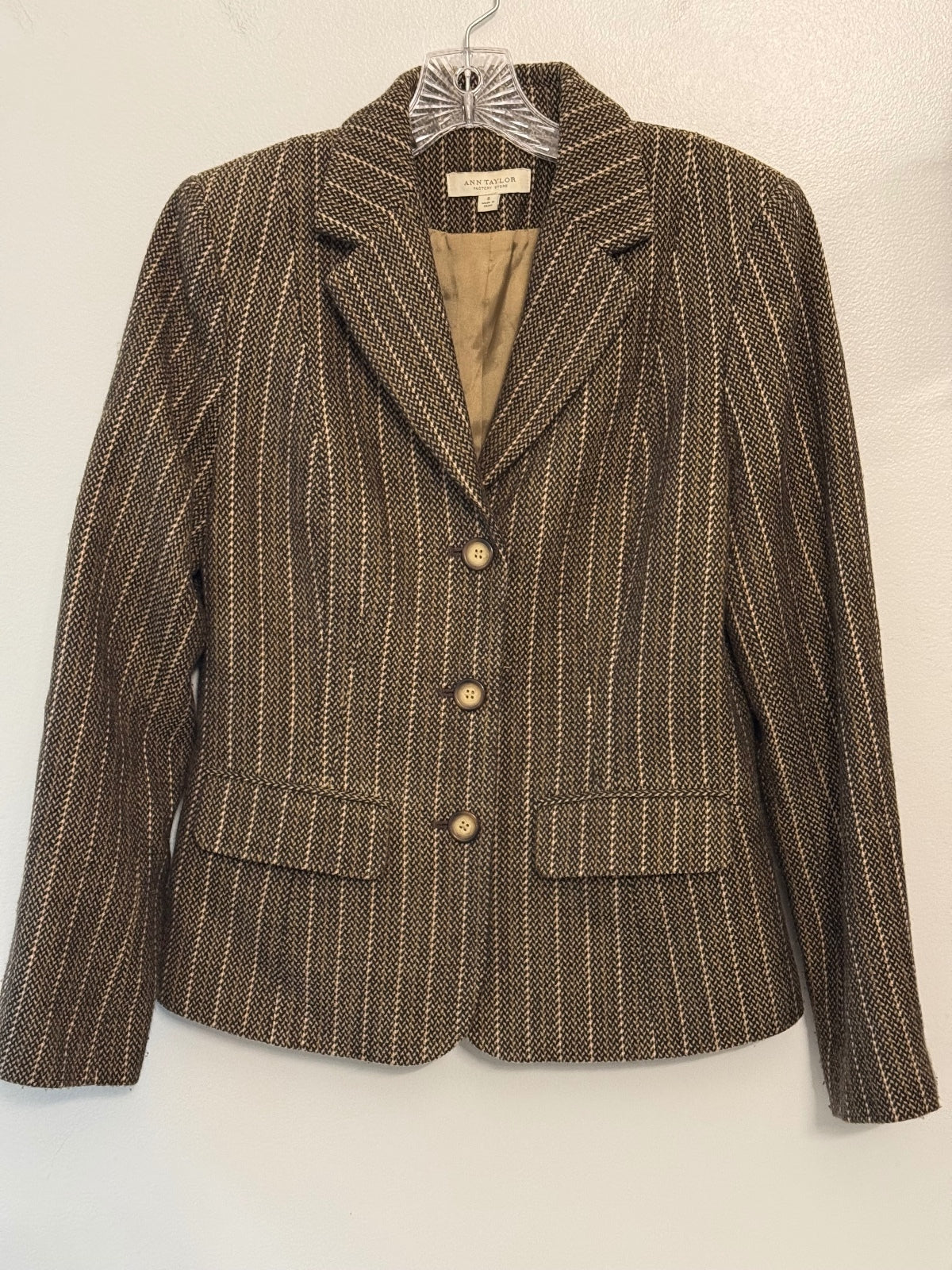 Ann Taylor Factory Women’s Size 6 Brown  Striped Tweed Blazer, Academia