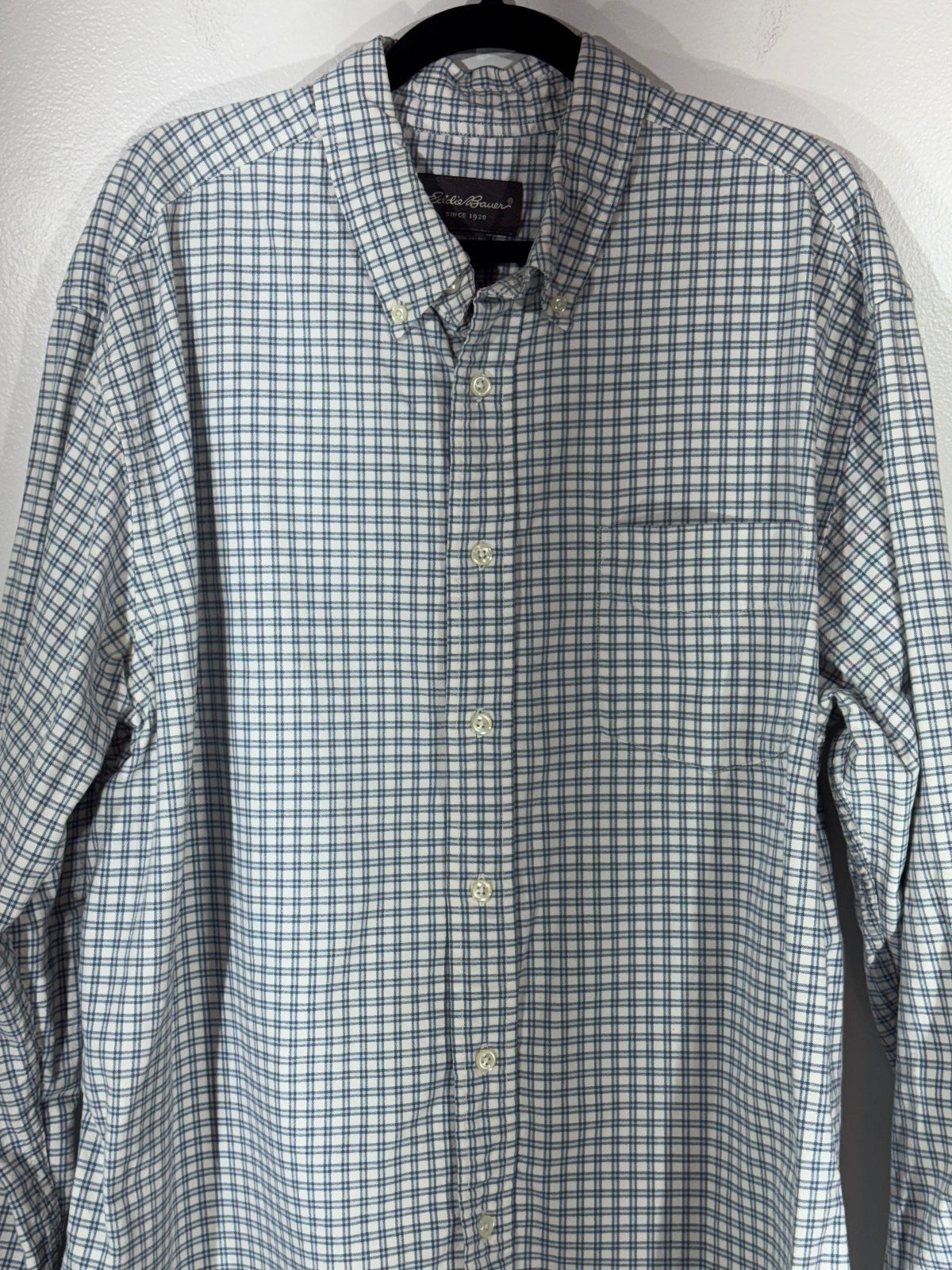 Eddie Bauer Men's XL Blue and White Checkered Button-Up Shirt