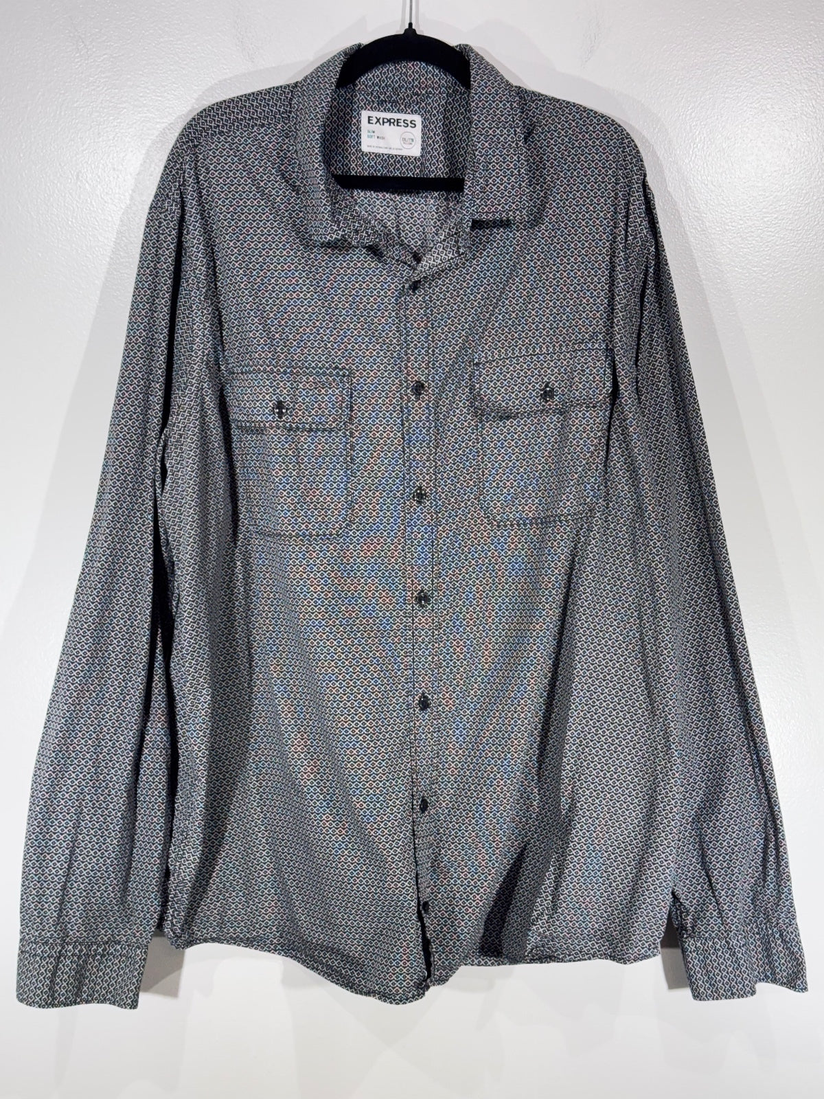 Express Slim Soft Wash Men's Shirt XXL Tall Long Black and White Patterned