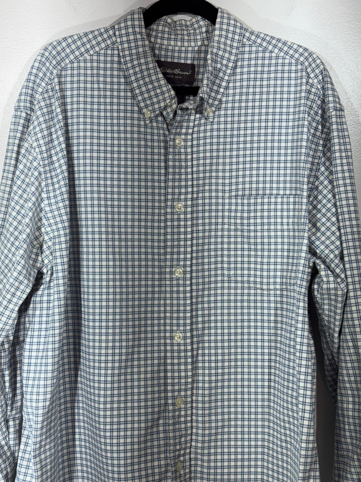 Eddie Bauer Men's XL Blue and White Checkered Button-Up Shirt
