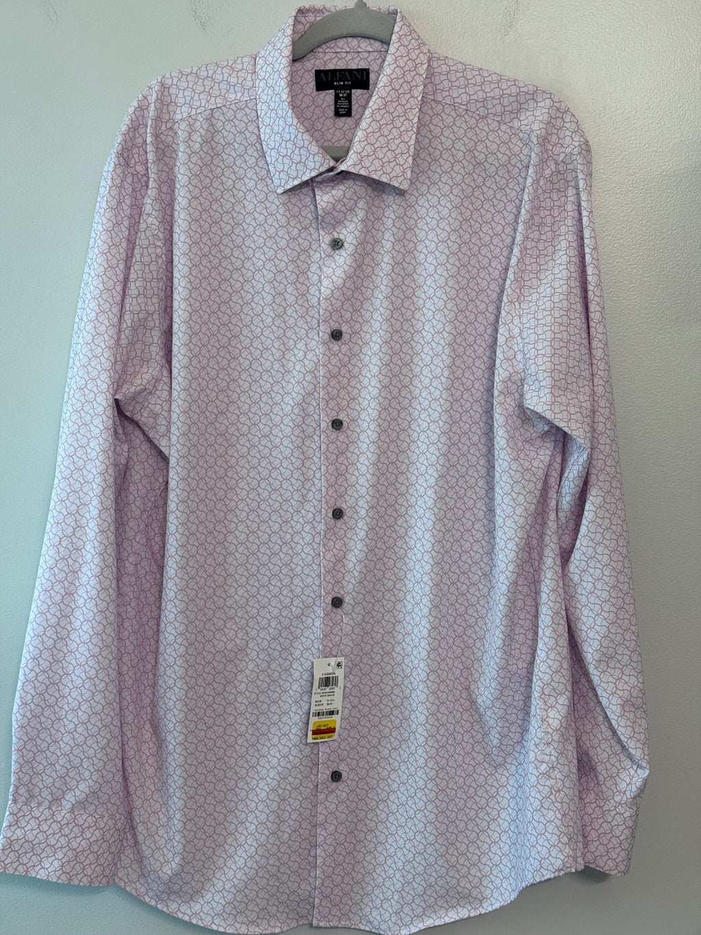 Alfani Slim Fit White Mauve Patterned Dress Shirt 17-17 1/2 Neck 36-37 Sleeve