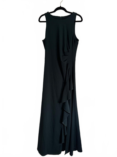 Elegant Sleeveless Dark Green Maxi Dress with Ruffle Detail