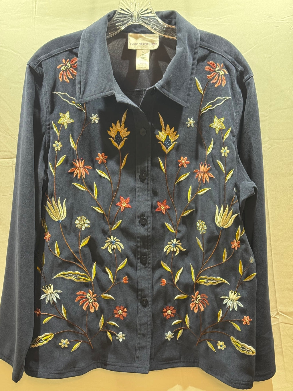 Susan Graver Style Women’s L Navy Floral Embroidered Faux Suede Jacket Boho