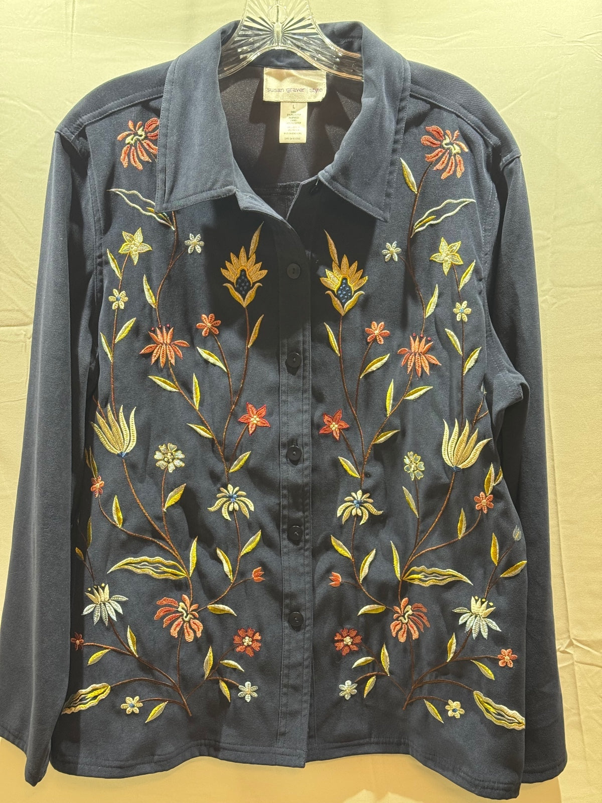 Susan Graver Style Women’s L Navy Floral Embroidered Faux Suede Jacket Boho