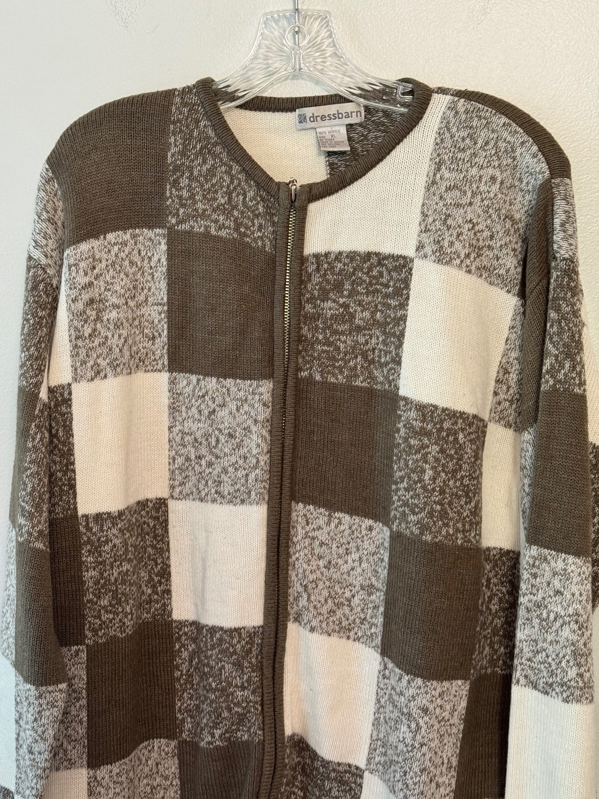 dressbarn XL Brown and Cream Checkered Full Zip Sweater