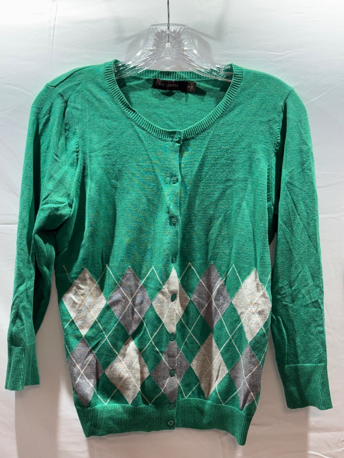 The Limited Women’s M Green Argyle Cardigan Sweater Cotton Blend Preppy