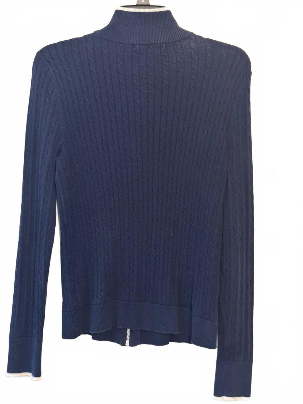 Lauren Ralph Lauren Women’s M Navy Cable Knit Full Zip Sweater Crest 100% Cotton