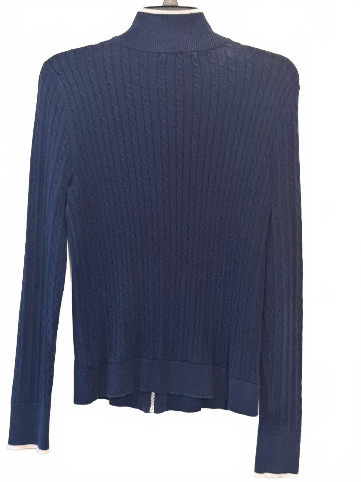 Lauren Ralph Lauren Women’s M Navy Cable Knit Full Zip Sweater Crest 100% Cotton