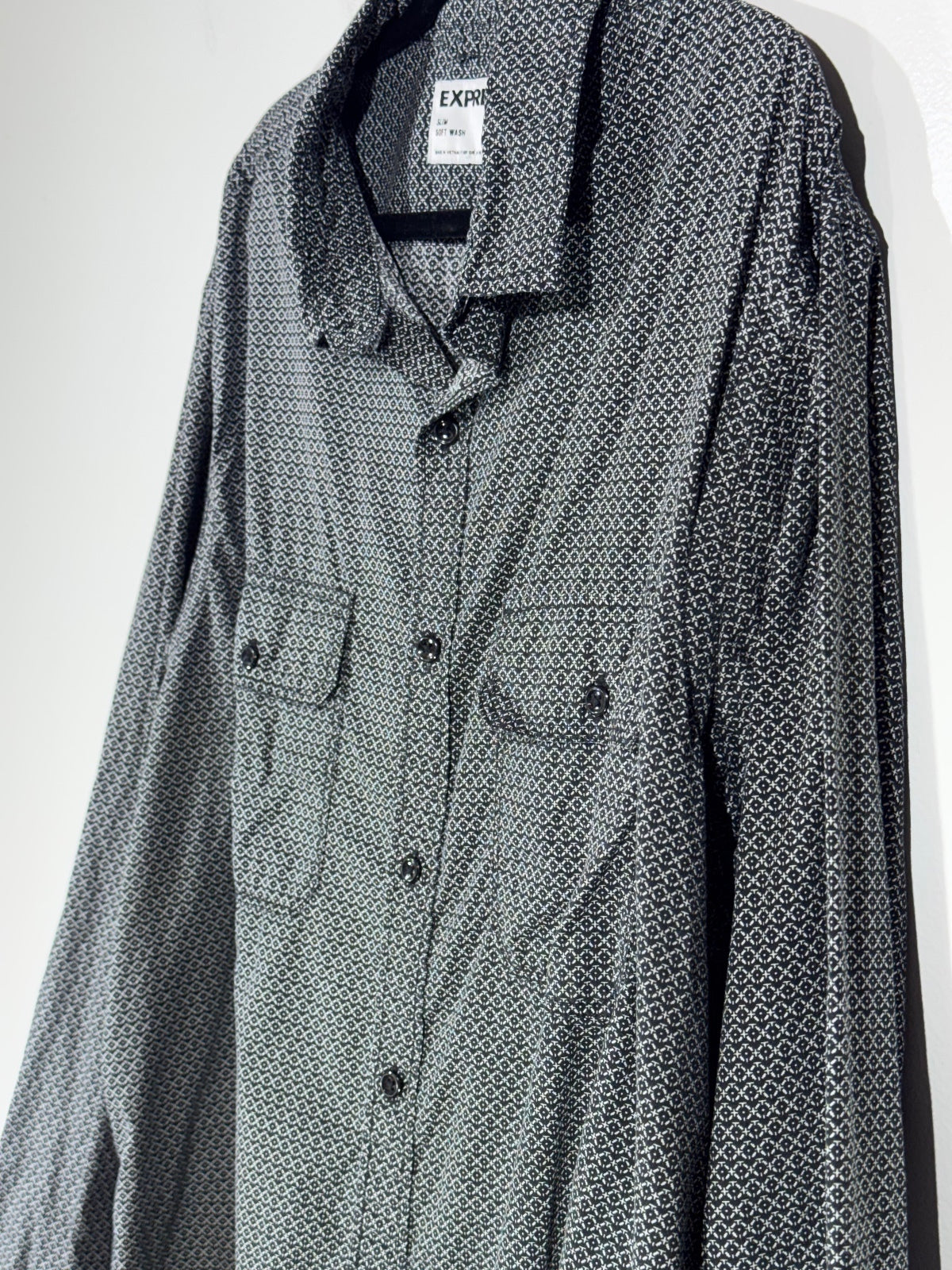 Express Slim Soft Wash Men's Shirt XXL Tall Long Black and White Patterned