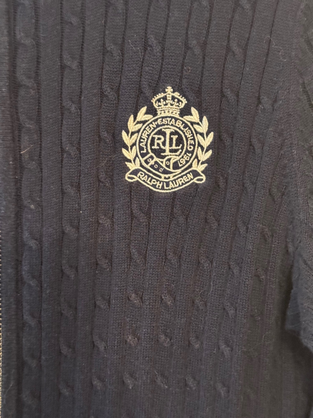 Lauren Ralph Lauren Women’s M Navy Cable Knit Full Zip Sweater Crest 100% Cotton