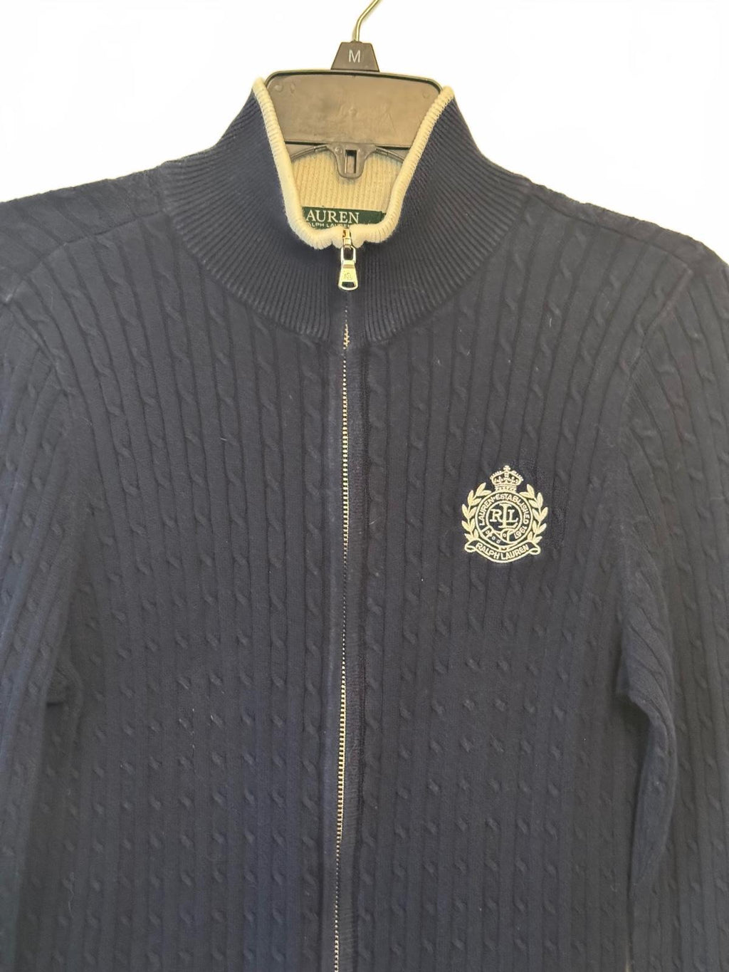 Lauren Ralph Lauren Women’s M Navy Cable Knit Full Zip Sweater Crest 100% Cotton