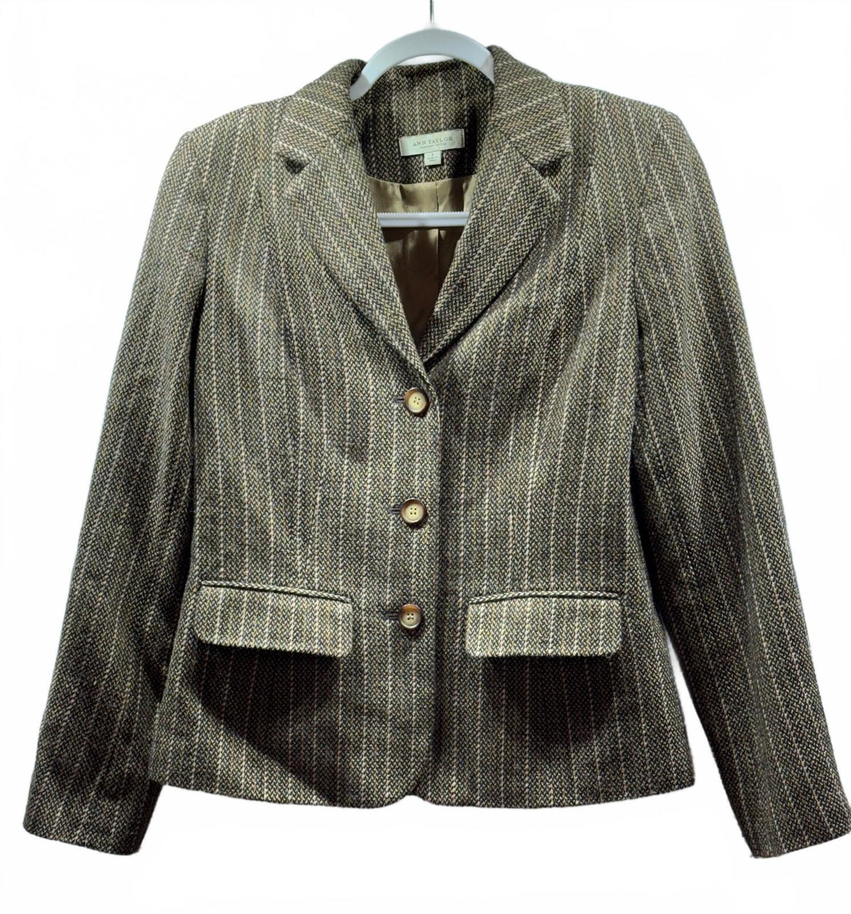Ann Taylor Factory Women’s Size 6 Brown Tweed Blazer 3 Button Tailored Jacket