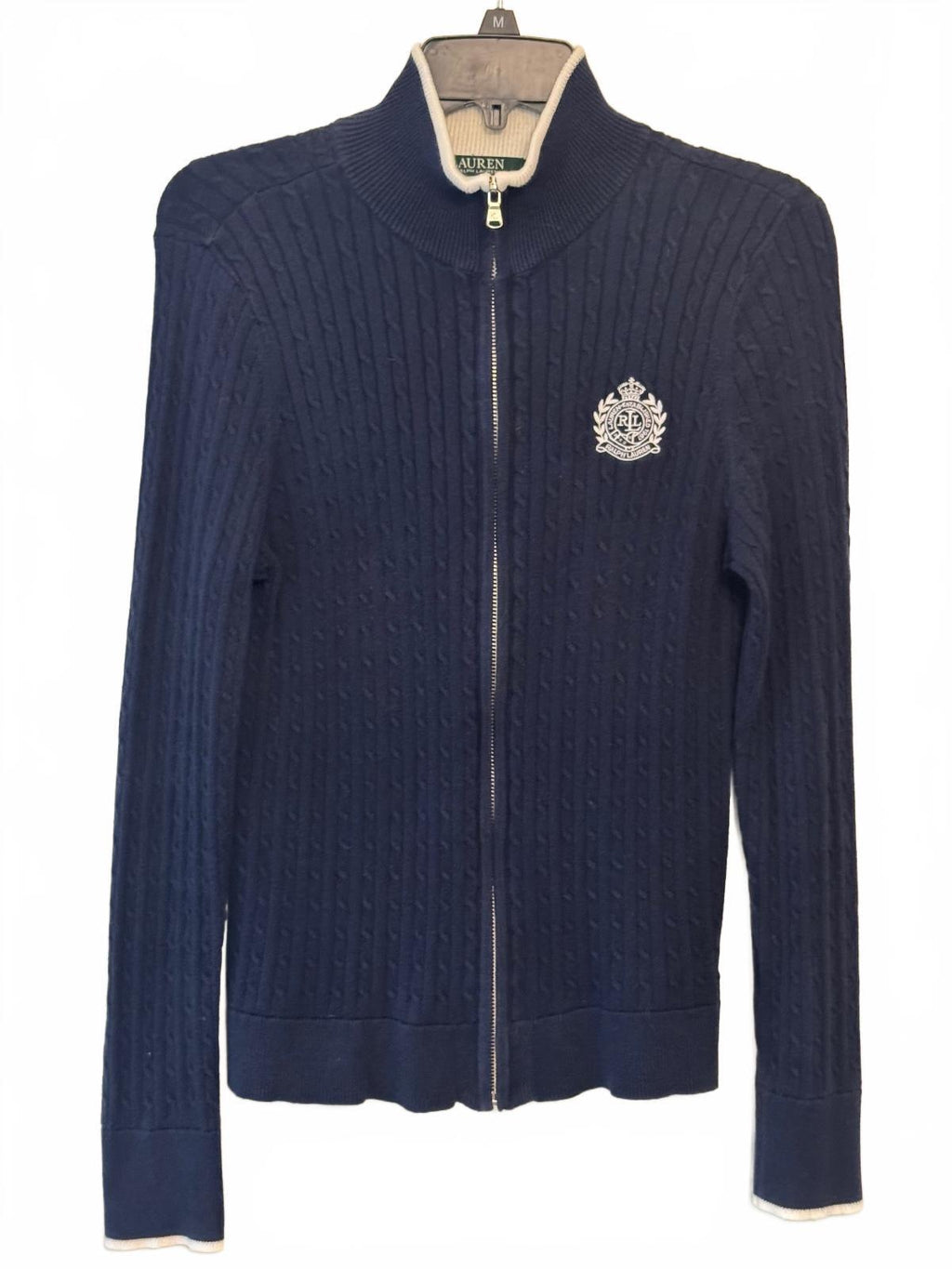 Lauren Ralph Lauren Women’s M Navy Cable Knit Full Zip Sweater Crest 100% Cotton