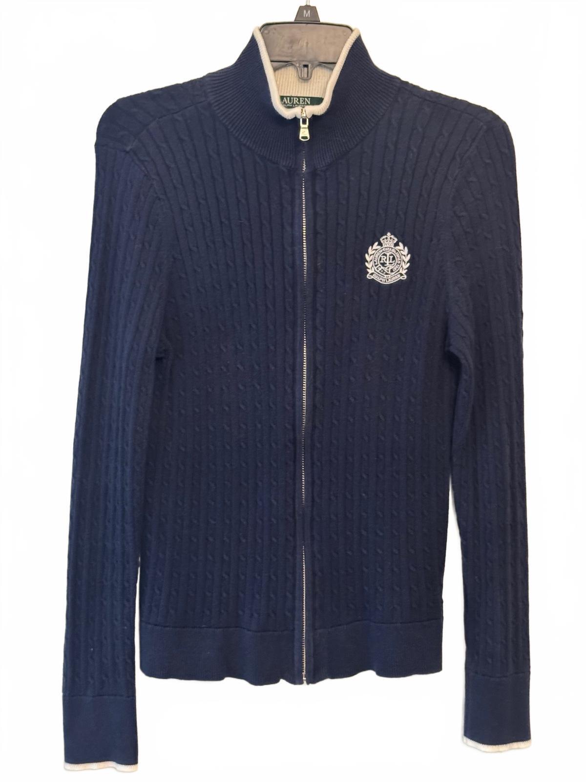Lauren Ralph Lauren Women’s M Navy Cable Knit Full Zip Sweater Crest 100% Cotton