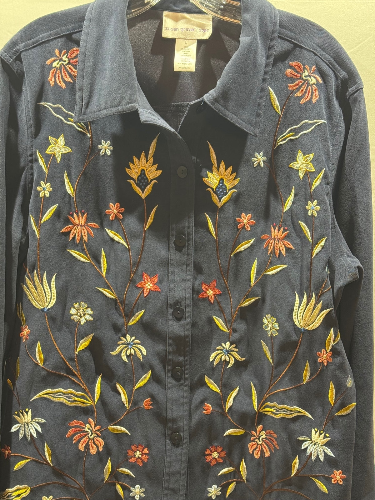 Susan Graver Style Women’s L Navy Floral Embroidered Faux Suede Jacket Boho