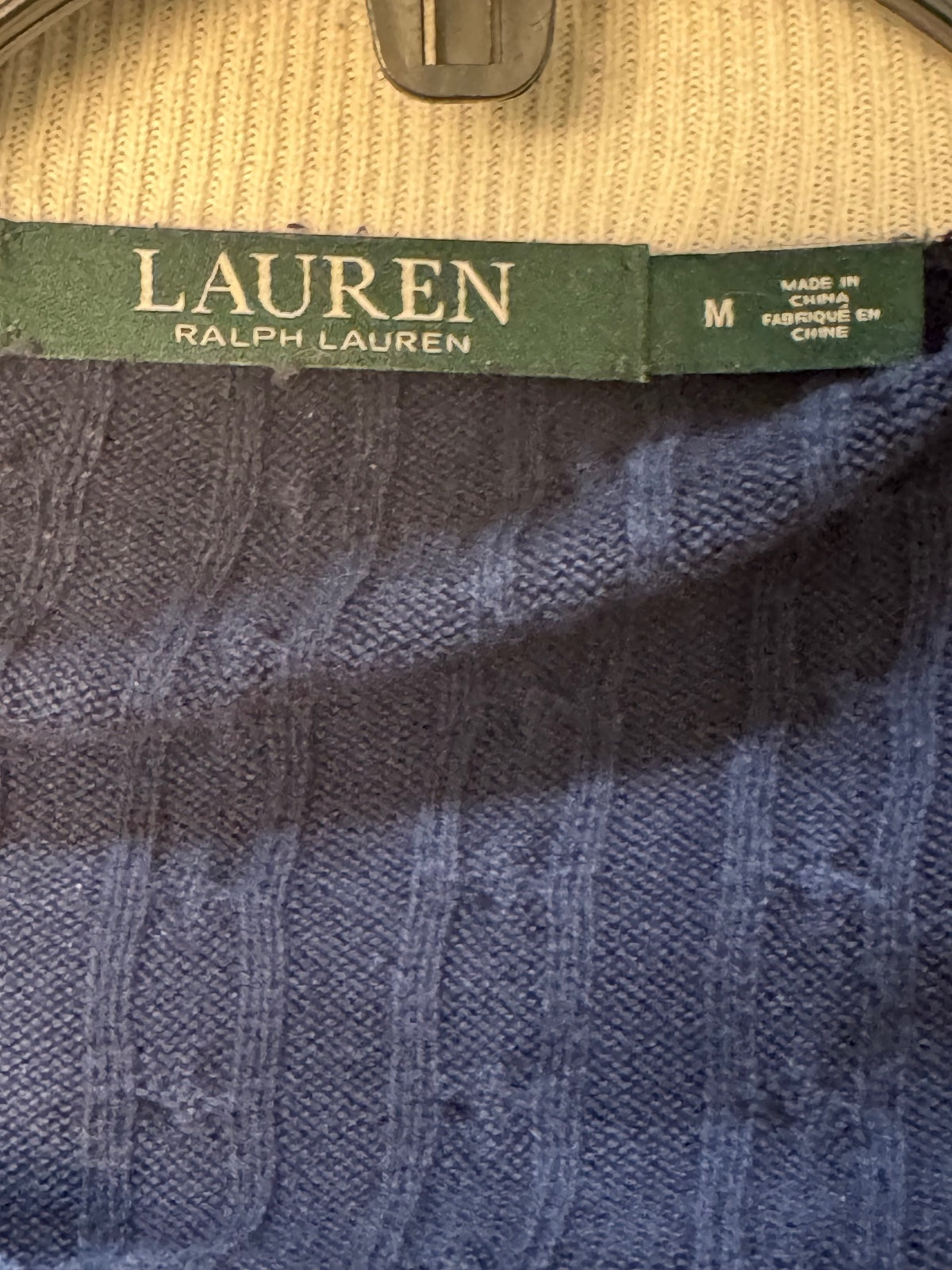 Lauren Ralph Lauren Women’s M Navy Cable Knit Full Zip Sweater Crest 100% Cotton