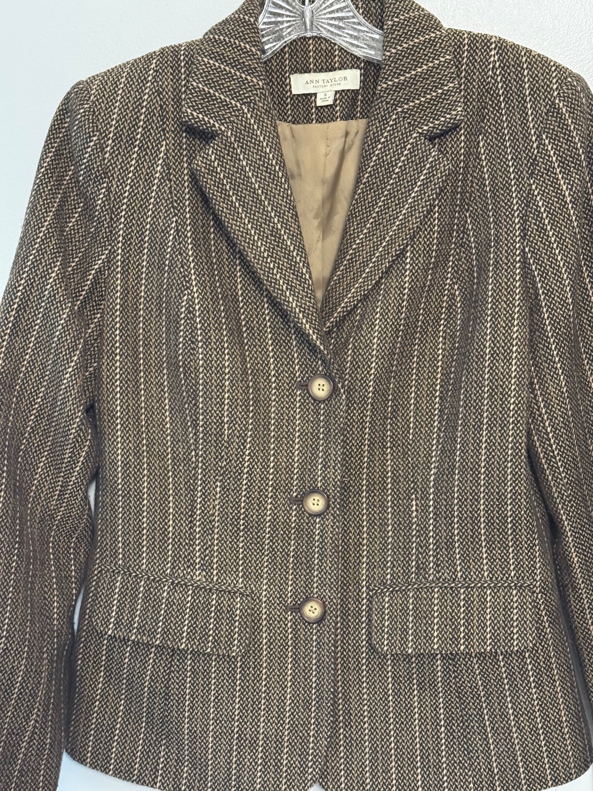 Ann Taylor Factory Women’s Size 6 Brown  Striped Tweed Blazer, Academia
