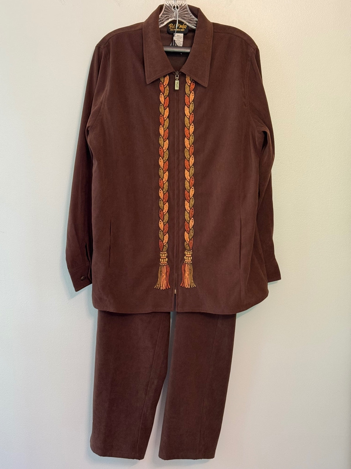 Vintage 90s Bob Mackie Wearable Art Brown Embroidered 2 Piece Pantsuit Set L